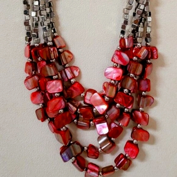 Red Silver Beaded Shell Multi Strand Necklace 3 PC Set - Picture 6 of 6